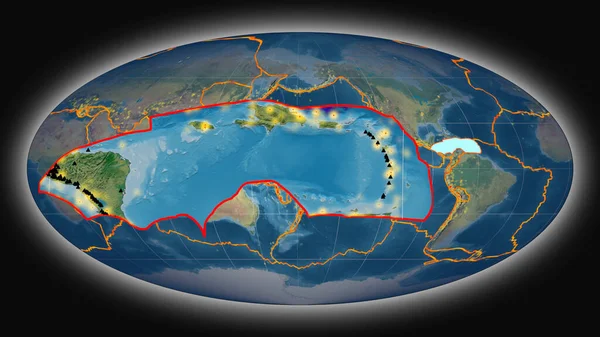 Karibské Tektonické Desky Protlačované Prezentované Proti Globální Topografické Mapě Mollweidské — Stock fotografie