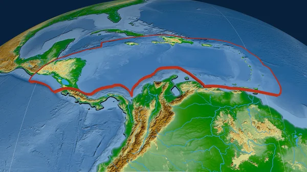 Caribbean tectonic plate extruded on the globe. color physical map. 3D rendering