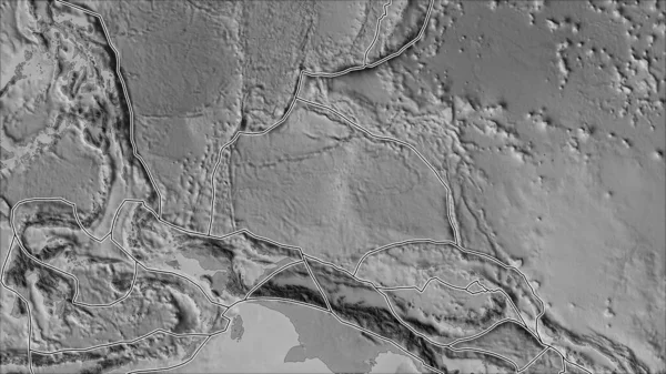 キャロラインプレートエリアに隣接する領域のグレースケールマップ上の構造プレートの境界 ヴァン グリンテンI予測 斜めの変換 — ストック写真