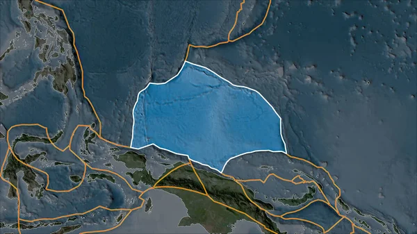 Obrysy Caroline Tektonické Desky Mapě Satelitu Oddělené Desaturací Jeho Přilehlých — Stock fotografie