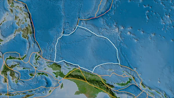 Очерченная Тектоническая Плита Каролины Границы Соседних Плит Карте Спутника Проекции — стоковое фото