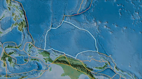 데르그린 사영에 지형도상의 캐롤라인 테두리 Exlacled Caroline Tectonic Plate Border — 스톡 사진