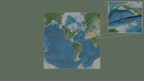 ケイマン諸島の拡大 拡大世界の大規模地図から抽出されたグランドケイマンは フレームの隅を結ぶ主要線で構成されています 衛星画像 — ストック写真