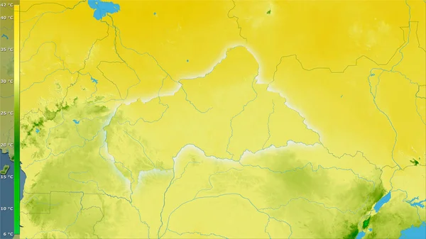 中非共和国地区内带有图例的立体投影中最温暖月份的最高温度 具有明亮轮廓的栅格层的原始组成 — 图库照片