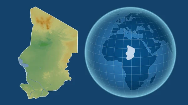 チャド 青い背景に孤立した輪郭を持つ拡大地図に対して 国の形をした球体 色物理図 — ストック写真