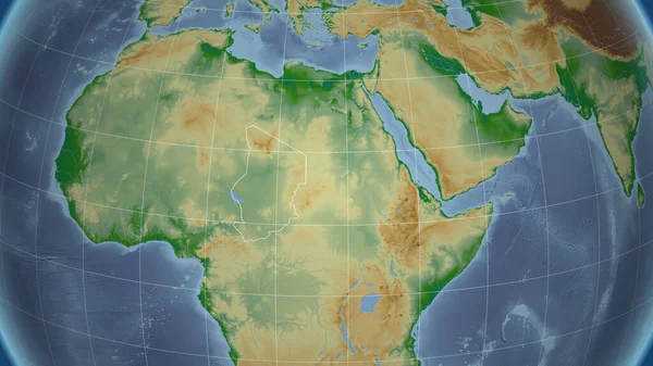 Chade Sousedství Vzdálená Perspektiva Obrysem Země Barevná Fyzická Mapa — Stock fotografie