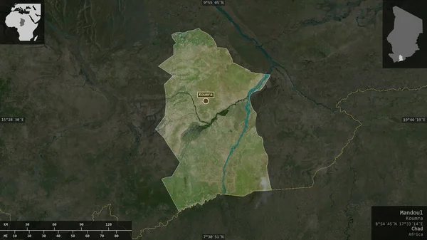 乍得地区的Mandoul 卫星图像 以信息覆盖的形式呈现在其国家区域上 3D渲染 — 图库照片