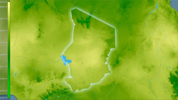 具有图例的立体投影中乍得地区的年平均温度 具有发光轮廓的栅格层的原始成分 — 图库照片