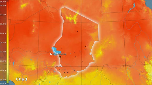 Efsanevi Stereografik Projeksiyonda Chad Bölgesinin Sıcak Çeyreğinin Ortalama Sıcaklığı Ana — Stok fotoğraf