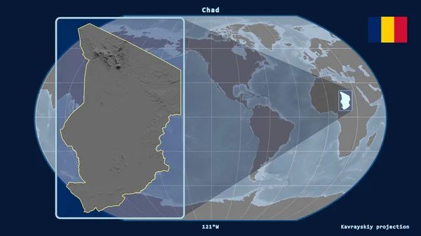 Увеличенный Вид Очертания Чада Перспективными Линиями Против Глобальной Карты Каврайской — стоковое фото