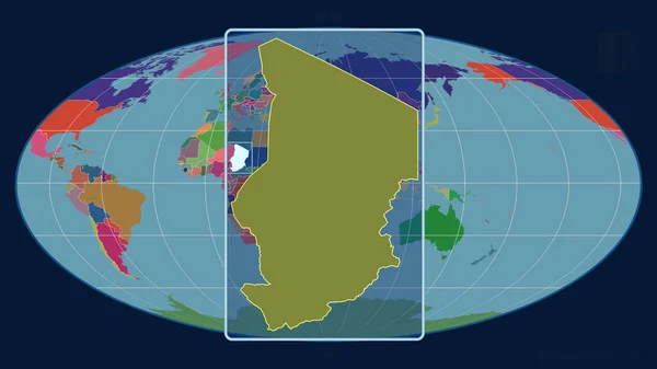 Zoomed Widok Czadu Zarys Linii Perspektywy Wobec Globalnej Mapy Projekcji — Zdjęcie stockowe