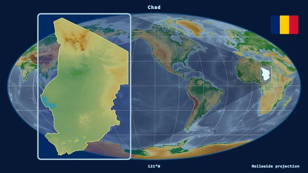 Přiblížený Pohled Čad Perspektivními Liniemi Proti Globální Mapě Mollweidově Projekci — Stock fotografie