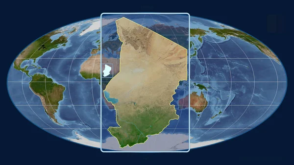在Mollweide投影中 用透视线将乍得的轮廓与全球地图对齐 形体中心 卫星图像 — 图库照片