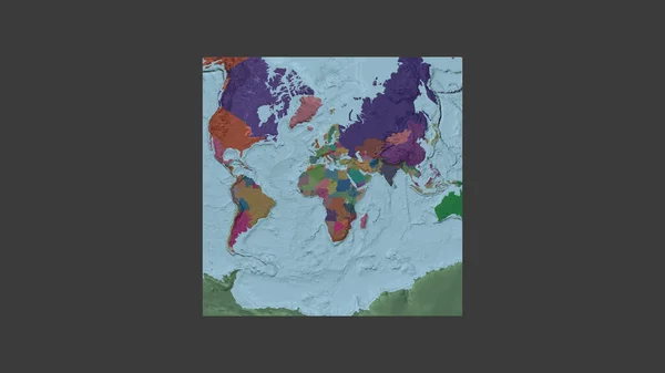 Square frame of the large-scale map of the world in an oblique Van der Grinten projection centered on the territory of Chad. Color map of the administrative division