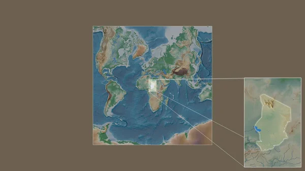 从世界大比例尺地图中提取出的乍得扩大和扩大的地区 其主要线连接了框架的各个角落 彩色物理图 — 图库照片