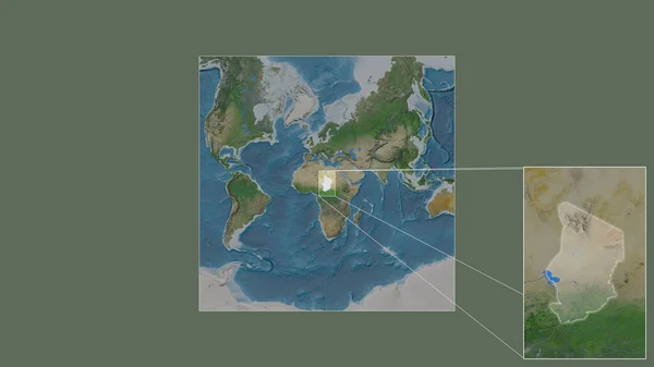 从世界大比例尺地图中提取出的乍得扩大和扩大的地区 其主要线连接了框架的各个角落 卫星图像 — 图库照片