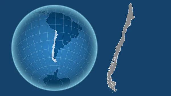 Chile Globe Shape Country Zoomed Map Its Outline Isolated Blue — Stock Photo, Image