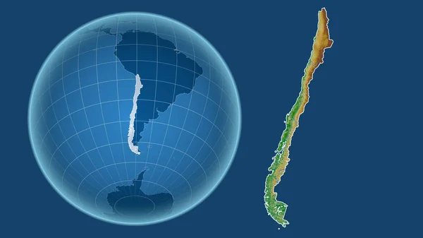 Chilében Globe Ország Alakja Ellen Zoomolt Térkép Vázlatát Elszigetelt Kék — Stock Fotó