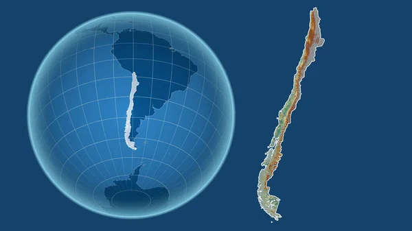 Чили Глобус Формой Страны Фоне Увеличенной Карты Контуром Выделенным Синем — стоковое фото