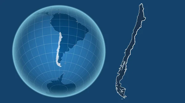Chile Globe Tvarem Země Proti Zvětšené Mapě Obrysem Izolovaným Modrém — Stock fotografie
