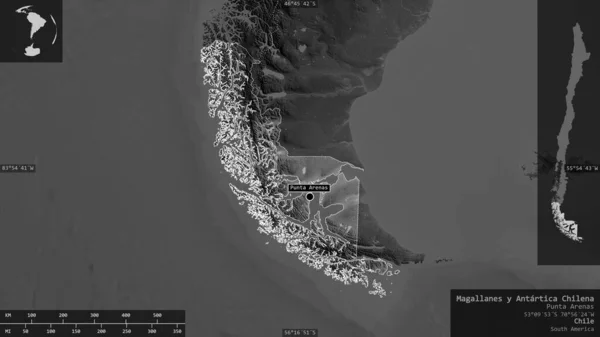 Magallanes Antártida Chilena Región Chile Mapa Escala Grises Con Lagos — Foto de Stock