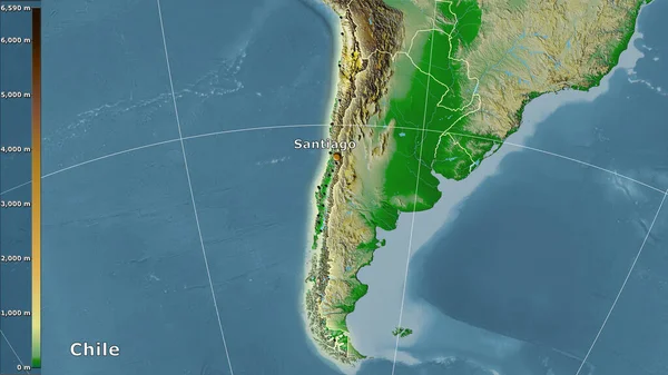 Physical map within the Chile area in the stereographic projection with legend - main composition