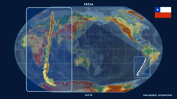 Увеличенный Вид Чили Перспективными Линиями Против Глобальной Карты Каврайской Проекции — стоковое фото