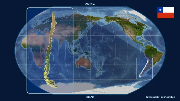 Přiblížený Pohled Chile Perspektivními Liniemi Proti Globální Mapě Projekci Kavrayskiy — Stock fotografie