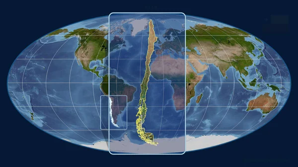 Přiblížený Pohled Chile Perspektivními Liniemi Proti Globální Mapě Mollweidově Projekci — Stock fotografie