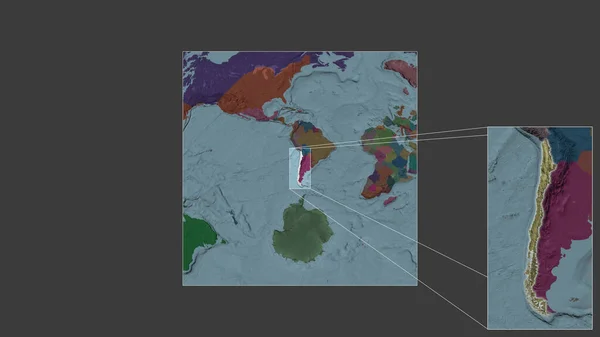 从世界大比例尺地图中提取出的智利扩大和扩大的区域 其主要线连接了框架的各个角落 行政区划的彩色地图 — 图库照片