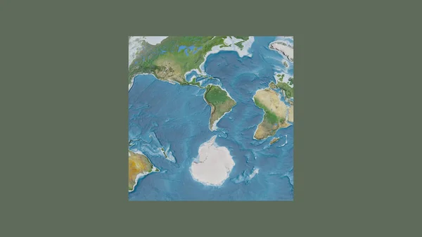 Square frame of the large-scale map of the world in an oblique Van der Grinten projection centered on the territory of Chile. Satellite imagery
