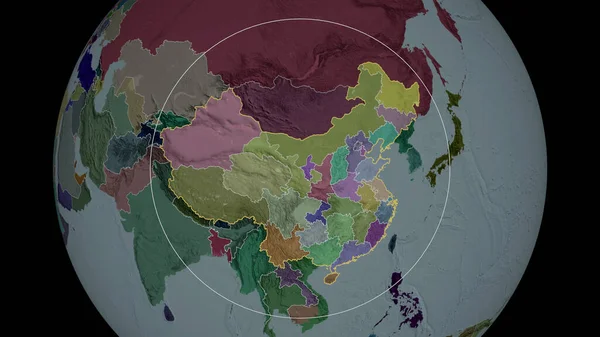 China zoomed and circled. Colored and bumped map of the administrative division. 3D rendering