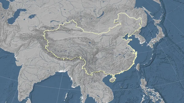 China and its neighborhood. Distant oblique perspective - shape outlined. grayscale elevation map