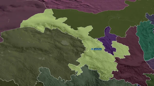 Gansu Prowincja Chin Powiększyła Się Podświetliła Kapitałem Kolorowa Wyboista Mapa — Zdjęcie stockowe