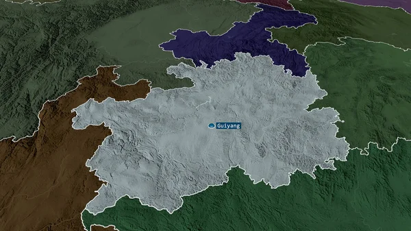貴州省 中国の省が拡大し 首都で強調表示されます 行政区画の色と衝突した地図 3Dレンダリング — ストック写真