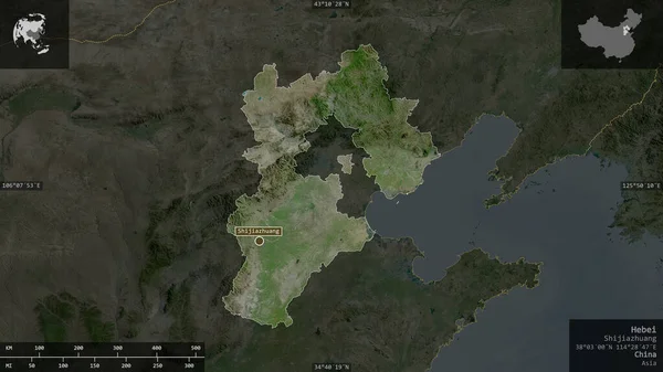 Hebei, province of China. Satellite imagery. Shape presented against its country area with informative overlays. 3D rendering
