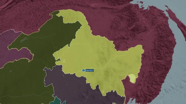 Heilongjiang - province of China zoomed and highlighted with capital. Colored and bumped map of the administrative division. 3D rendering