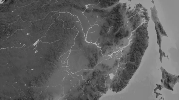 Heilongjiang Provinsen Kina Grayscaled Karta Med Sjöar Och Floder Form — Stockfoto