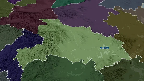 Hubei - province of China zoomed and highlighted with capital. Colored and bumped map of the administrative division. 3D rendering