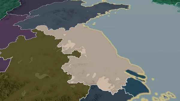 Jiangsu - province of China zoomed and highlighted. Colored and bumped map of the administrative division. 3D rendering