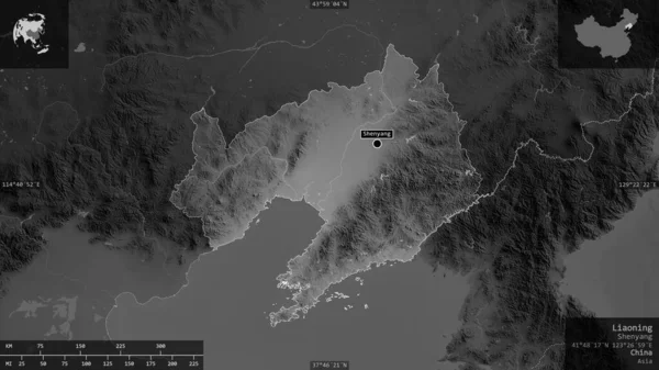 Liaoning Prowincja Chin Mapa Szarości Jeziorami Rzekami Kształt Przedstawiony Swoim — Zdjęcie stockowe