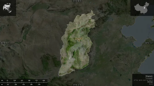 Shanxi, province of China. Satellite imagery. Shape presented against its country area with informative overlays. 3D rendering