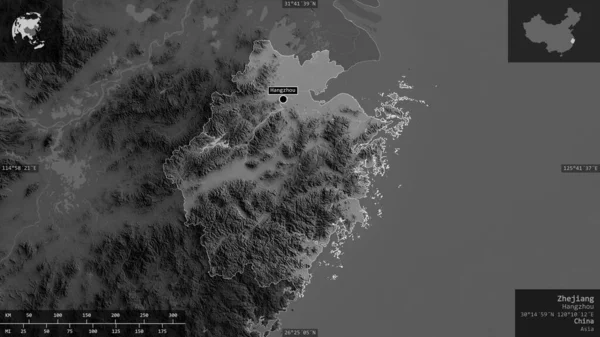 Zhejiang Province China Grayscaled Map Lakes Rivers Shape Presented Its — Stock Photo, Image