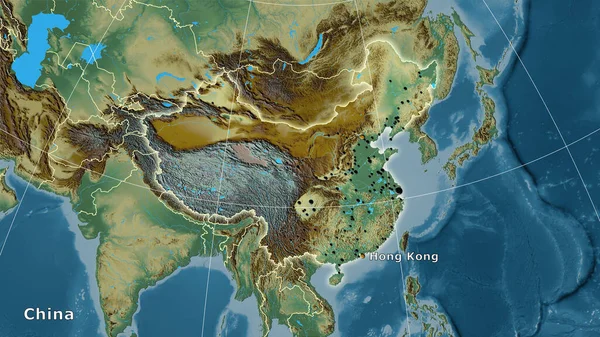 China area on the topographic relief map in the stereographic projection - main composition