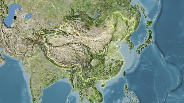 China area on the satellite A map in the stereographic projection - raw composition of raster layers with light glowing outline