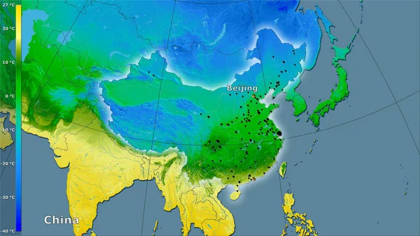 Gemiddelde Temperatuur Van Koudste Kwartaal Het China Gebied Stereografische Projectie — Stockfoto