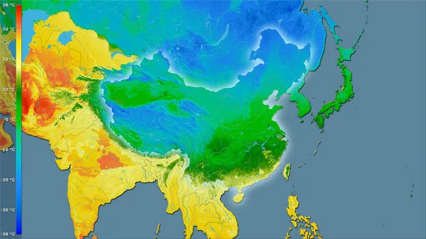 Çin Bölgesinin Sıcak Çeyreğinin Ortalama Sıcaklığı Efsanevi Stereografik Projeksiyonla Işık — Stok fotoğraf