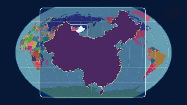 在Kavrayskiy投影中 用透视线将中国的轮廓与全球地图对齐 形体中心 行政区划的彩色地图 — 图库照片