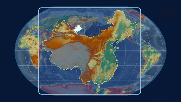 中国のアウトラインを視野線で拡大し カヴァライスキー予測の世界地図に対して 形を中心に 地形図によると — ストック写真