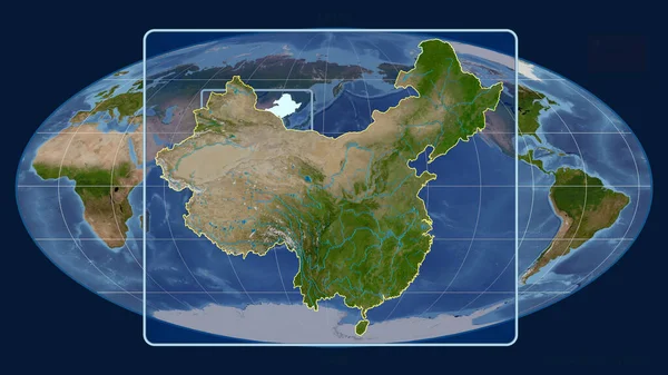 放大了的中国轮廓 用透视线与莫尔维德投影中的全球地图进行对比 形体中心 卫星图像 — 图库照片